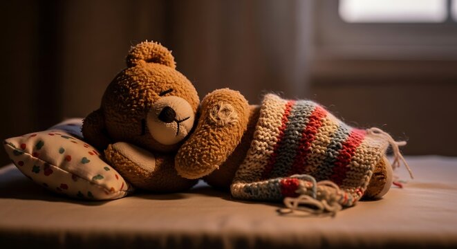 Cozy Brown Teddy Bear Resting Under Knitted Blanket on Bed