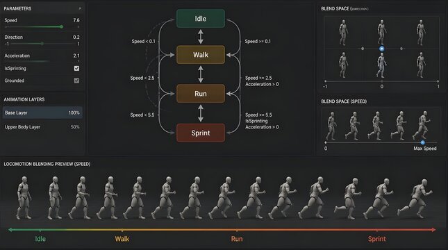 Game character animation system with locomotion states: idle, walk, run, and sprint, showcasing blend space and parameter controls for realistic movement.