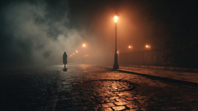 Dark and mysterious Paris street at night, vintage atmosphere, cobblestone pavement glistening faintly, a single dim lamppost casting timid warm light
