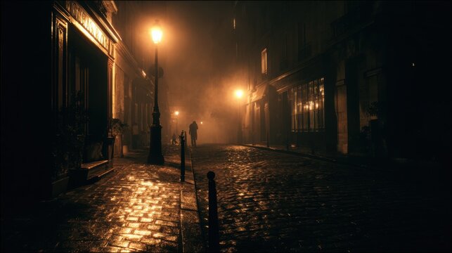 Dark and mysterious Paris street at night, vintage atmosphere, cobblestone pavement glistening faintly, a single dim lamppost casting timid warm light

