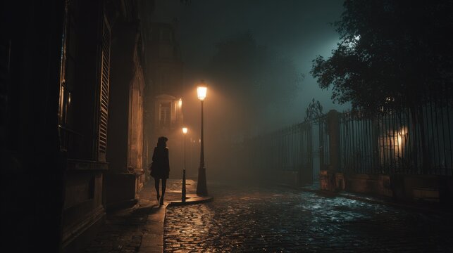 Dark and mysterious Paris street at night, vintage atmosphere, cobblestone pavement glistening faintly, a single dim lamppost casting timid warm light
