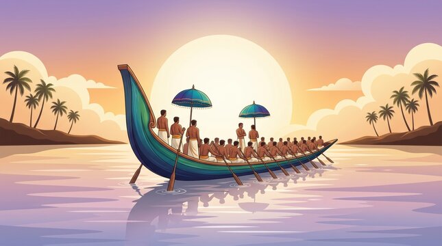 Traditional kerala snake boat race with rowers and ceremonial umbrellas at sunset near tropical palm onam festival