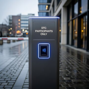 Modern Contactless Access Control Kiosk Standing Outside Office Building on Rainy Urban Street