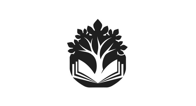 Tree and open book logo design in black and white.