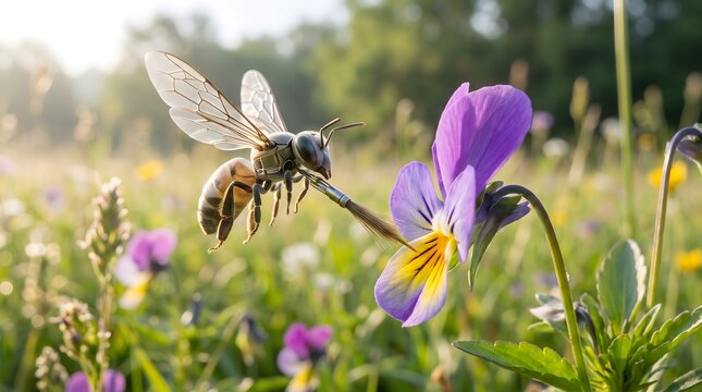Bionic bee with metallic parts pollinating a purple pansy flower