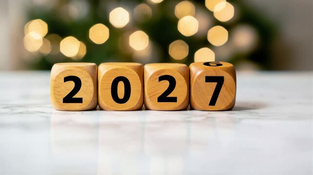 Hand flipping wooden block to change year from 2026 to 2027 celebrating happy new year warm bokeh lights background