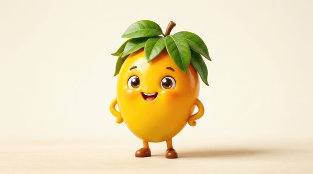 A cheerful cartoon mango character with a big smile and leafy green top, standing on tiny legs and arms.