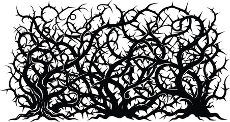 Obraz premium Intricate silhouette of tangled thorn vines and bramble thicket for creative background and gothic nature themes