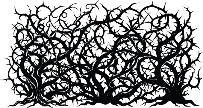 Intricate silhouette of tangled thorn vines and bramble thicket for creative background and gothic nature themes