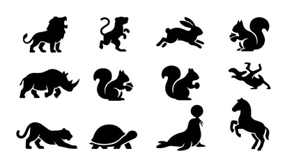 Obraz premium Animal Silhouettes Collection: Lion, Tiger, Horse, Seal, Squirrels, Rhinoceros, Rabbit, Panther, Turtle, Vector Icons