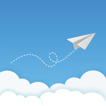 White Paper Airplane Icon, Vector Illustration. Flying Paper Plane with Dotted Line Trail. Email, Message Symbol. 3d White Paper Airplane on Square Blue Sky Background