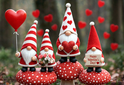 Cute valentines day gnomes with hearts and flowers sitting on mushrooms in forest scene