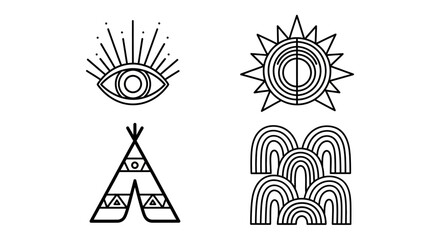 Boho Abstract Icons: Eye, Sun, Teepee, Rainbows - Minimalist Line Art © kumara