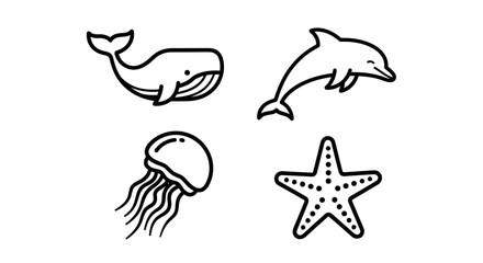 Cute Cartoon Marine Life Icons: Whale, Dolphin, Jellyfish, Starfish - Simple Line Art © kumara