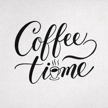 Elegant cursive typography coffee time design with steamy cup illustration perfect for cafes