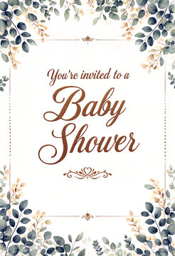 Elegant watercolor baby shower invitation card with floral border design and calligraphy text