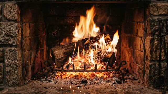 Burning yule log glowing inside rustic stone fireplace, flickering flames casting warm ambient light, cozy winter holiday atmosphere, peaceful festive seasonal background, 4K video