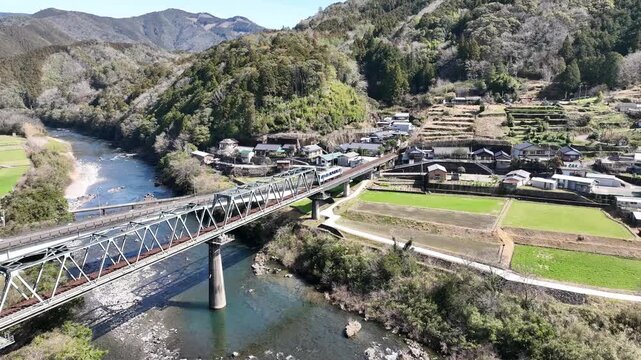 Train Crossing the Daiyon Shimanto River Bridge on the Yodo Line, Kochi, Japan