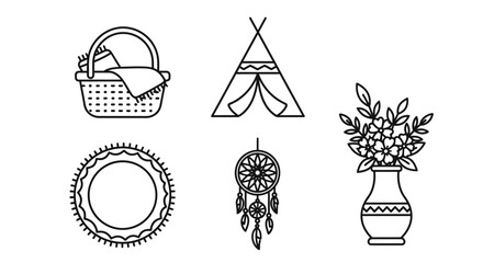 Boho Elements Collection: Picnic Basket, Teepee, Dreamcatcher, Rug, Vase with Flowers © kumara