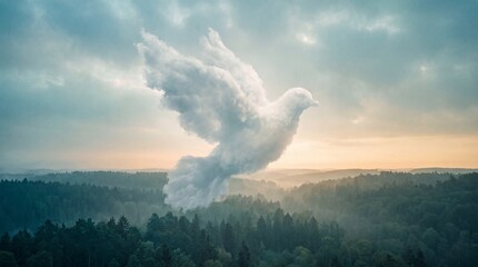 Obraz premium A majestic cloud formation shaped like a soaring dove floating peacefully above a dense misty forest landscape at sunrise in a serene morning sky