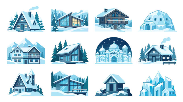 Winter Village Collection: Cozy Houses, Igloo, and Ice Castle in Snowy Landscape