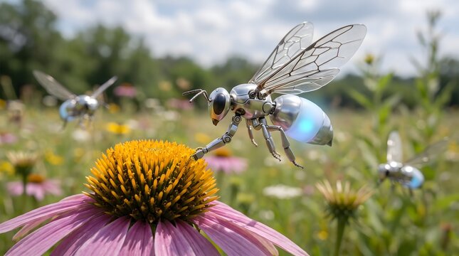 Futuristic robotic bee pollinating a purple coneflower in a meadow