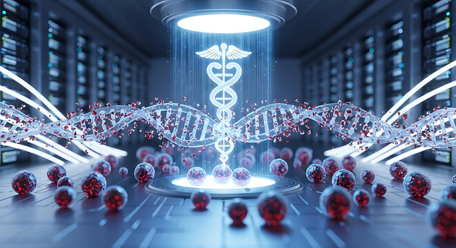 Future medical technology featuring a glowing caduceus and dna helix for hipaa compliant digital healthcare and data security