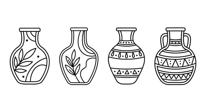 Hand-drawn ceramic vases collection, outline pottery art, decorative earthenware