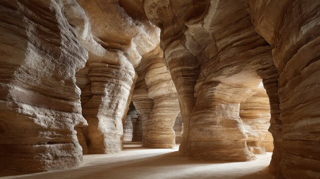 high-resolution architectural photograph of the interior of Jabal Qarah caves in Al-Ahsa, showing layered sandstone formations, natural vertical striations
