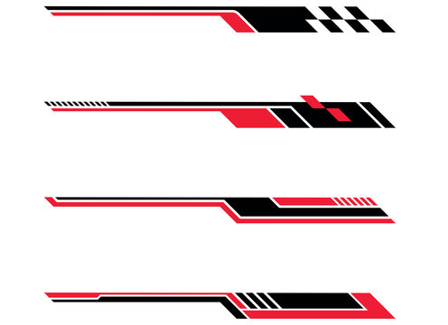 Set of abstract racing car side decals with red and black geometric stripes and speed shapes.