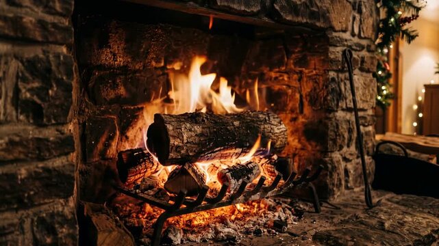 Burning yule log glowing inside rustic stone fireplace, flickering flames casting warm ambient light, cozy winter holiday atmosphere, peaceful festive seasonal background, 4K video