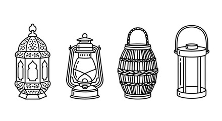 Collection of four diverse lantern illustrations in outline style © kumara