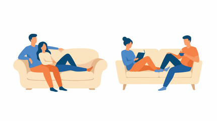 Obraz premium Couples Relaxing at Home Together on Comfortable Sofas Illustrating Cozy Domestic Life and Leisure Activities