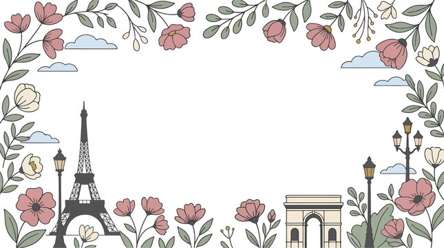 Floral frame illustration with Paris landmarks including the Eiffel Tower and Arc de Triomphe framed by romantic pastel flowers.