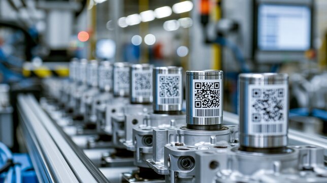 Medium shot of a manufacturing line where engine parts with QR codes are scanned for realtime traceability in an automated industrial setting.