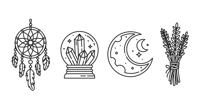 Boho celestial witchy icons: dreamcatcher, crystal ball, moon, lavender bundle