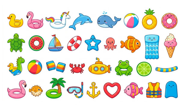 Colorful Cartoon Pool Float Toys Flat Vector Set