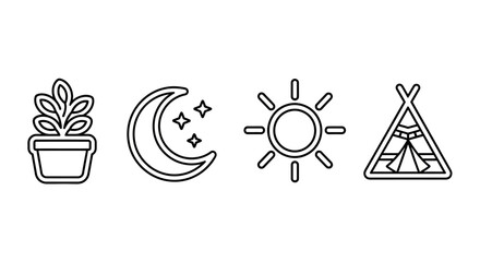 Set of simple line art icons: potted plant, moon and stars, sun, and teepee © kumara