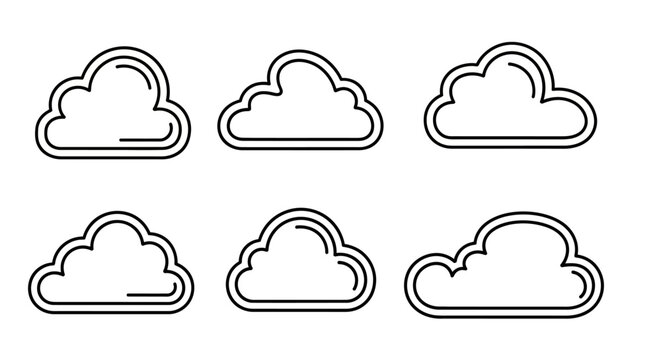 Set of six stylized cloud icons, outline drawing, white background, simple design