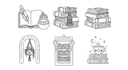 Bohemian Reading Nook Icons: Books, Plant, Quill, Macrame, Bookshelf, Cozy Cup © kumara