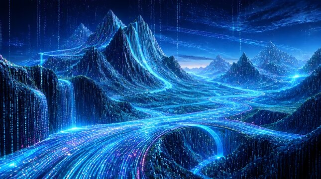 Digital mountains with glowing blue rivers flowing through valleys and waterfalls, representing data flow and connectivity in a futuristic landscape