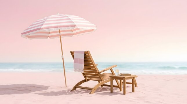 Empty beach lounge chair with parasol and table