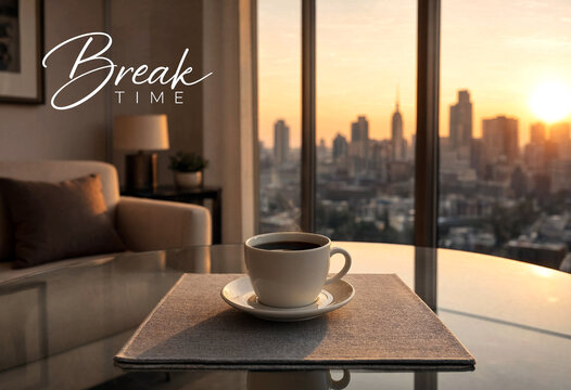 Relaxing break time with coffee and city skyline view during beautiful sunset from modern apartment