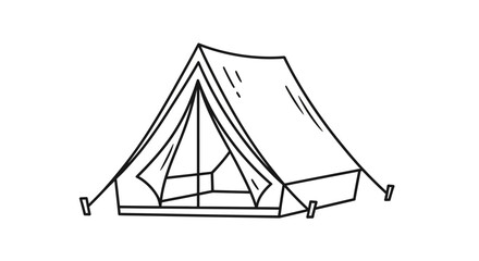 Hand-drawn outline sketch of a canvas camping tent with open entrance and guylines © kumara