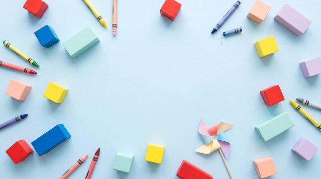 Vibrant arrangement of colorful wooden toy blocks and wax crayons with a pinwheel toy arranged in a circular frame on a soft pastel blue background
