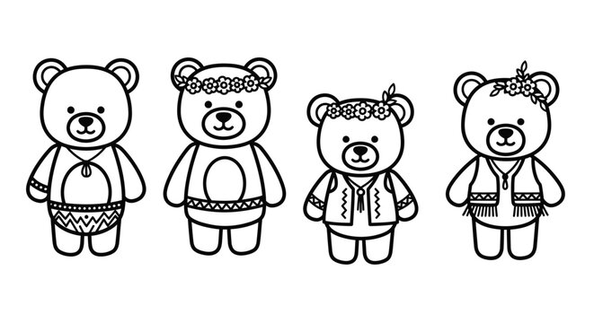 Cute cartoon teddy bears in boho outfits, flower crowns, and fringe vests, vector illustration