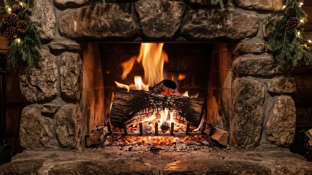 Burning yule log glowing inside rustic stone fireplace, flickering flames casting warm ambient light, cozy winter holiday atmosphere, peaceful festive seasonal background, 4K video