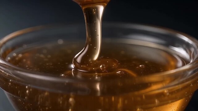 Detailed Close Up of Wooden Honey Dipper with Dripping Golden Honey in Glass Bowl against Dark Background
