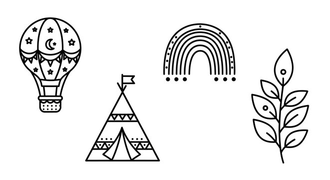 Boho Style Outline Icons: Hot Air Balloon, Teepee, Rainbow, and Leaf Branch