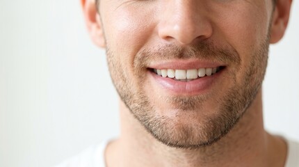Fototapeta premium Close up of a man smiling with perfect healthy white teeth and stubble beard